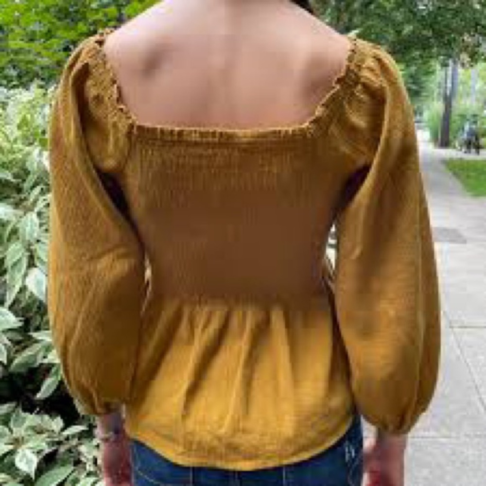 Madewell Mustard Smocked Square-Neck Peplum Blouse - Picture 2 of 5